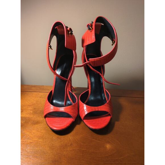 Alexander Wang Heels 40 Red Snake Skin Peep Toe Buckle Ankle Cuff High Heel - Picture 2 of 8